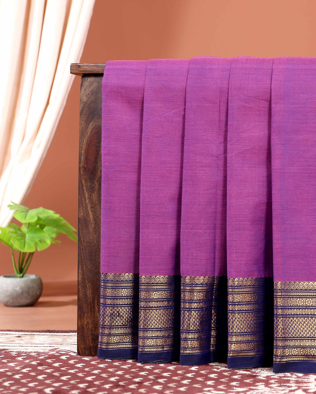Traditional Kanchi Handloom Cotton Saree with Rich Zari Woven Border and Intricate Temple Design Patterns Without Blouse - Purple