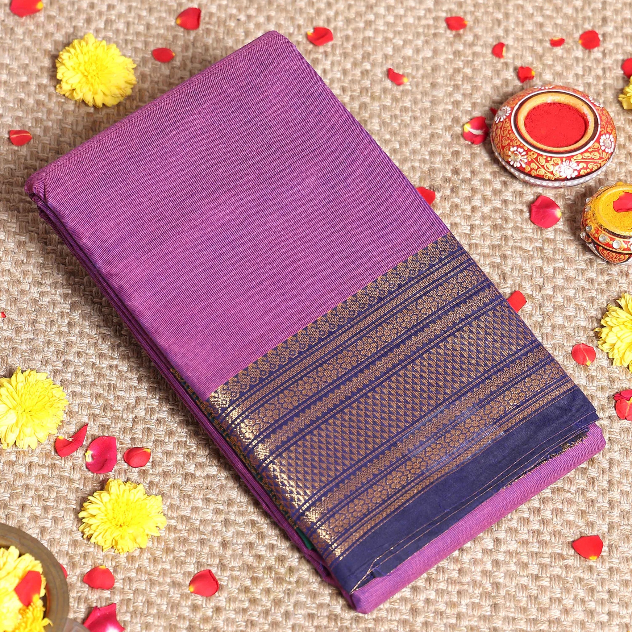 Traditional Kanchi Handloom Cotton Saree with Rich Zari Woven Border and Intricate Temple Design Patterns Without Blouse - Purple