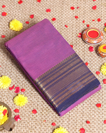Traditional Kanchi Handloom Cotton Saree with Rich Zari Woven Border and Intricate Temple Design Patterns Without Blouse - Purple