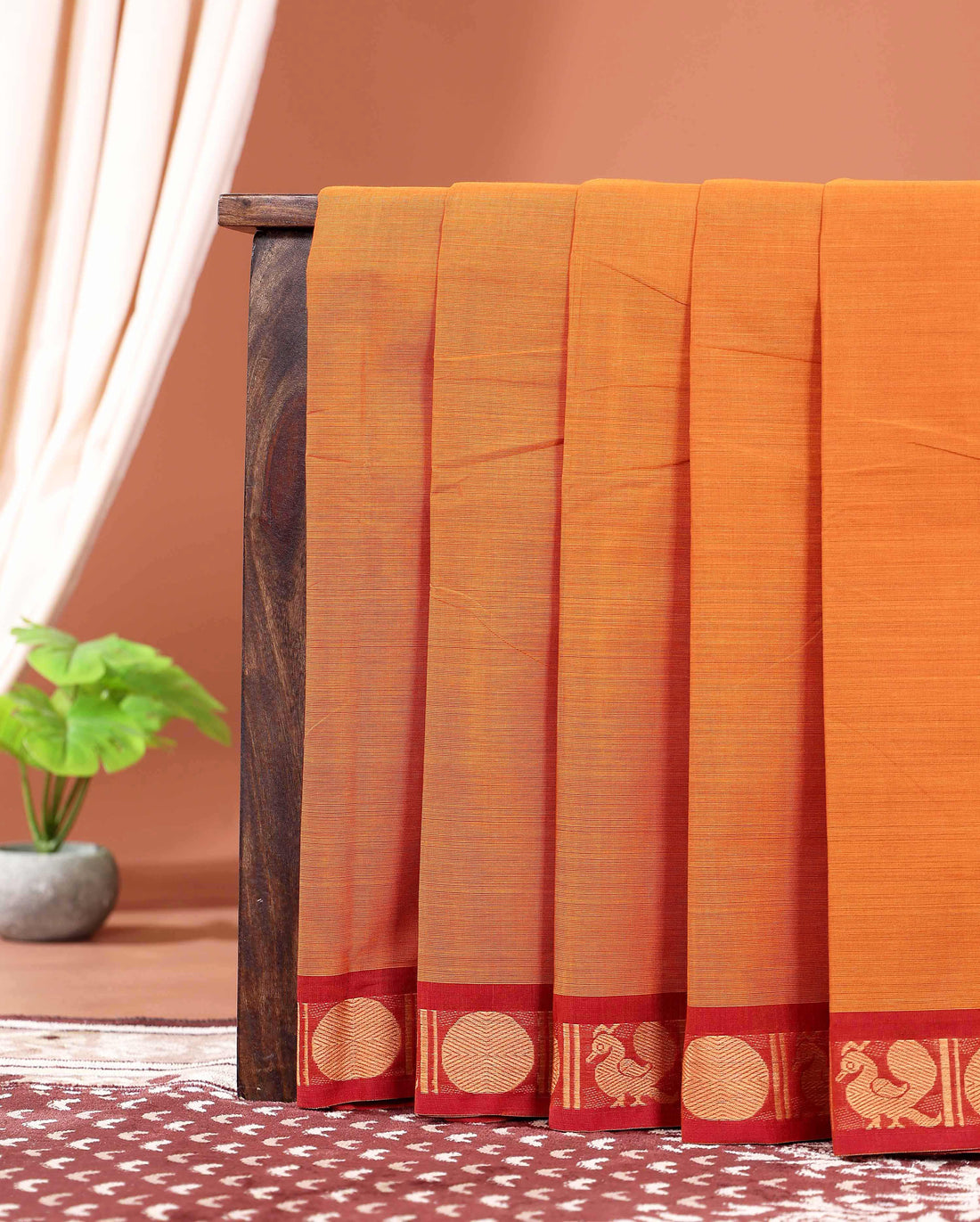 Traditional Handwoven Kanchi Cotton Saree with Rich Zari Border Traditional Peacock Motifs & Elegant Soft Weave Finish Without Blouse - Orange