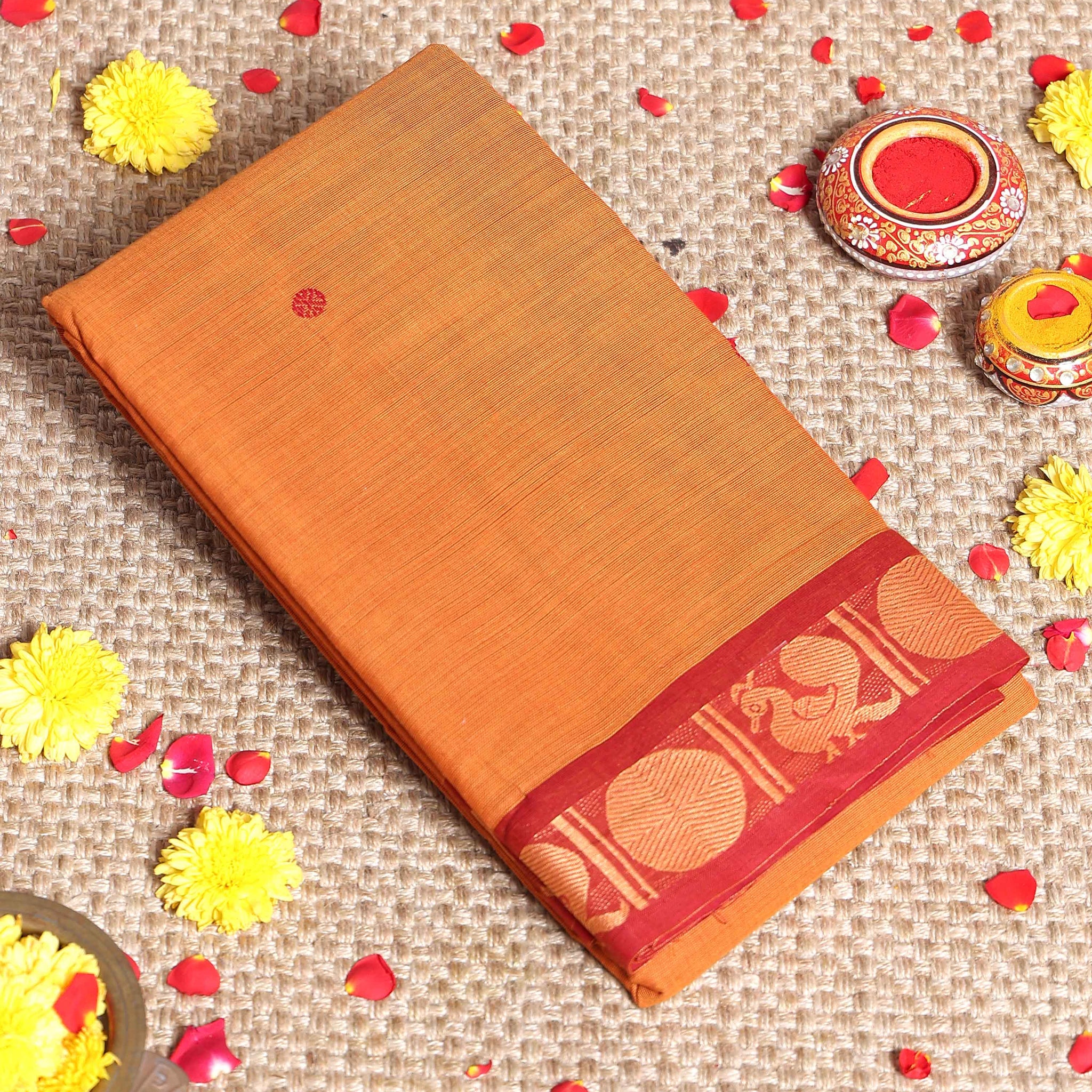 Traditional Handwoven Kanchi Cotton Saree with Rich Zari Border Traditional Peacock Motifs & Elegant Soft Weave Finish Without Blouse - Orange