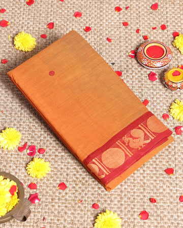 Traditional Handwoven Kanchi Cotton Saree with Rich Zari Border Traditional Peacock Motifs & Elegant Soft Weave Finish Without Blouse - Orange