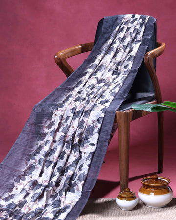 Elegant Semi Jute Saree with All Over Floral Leaf Print and Subtle Textured Traditional Border  - Off White