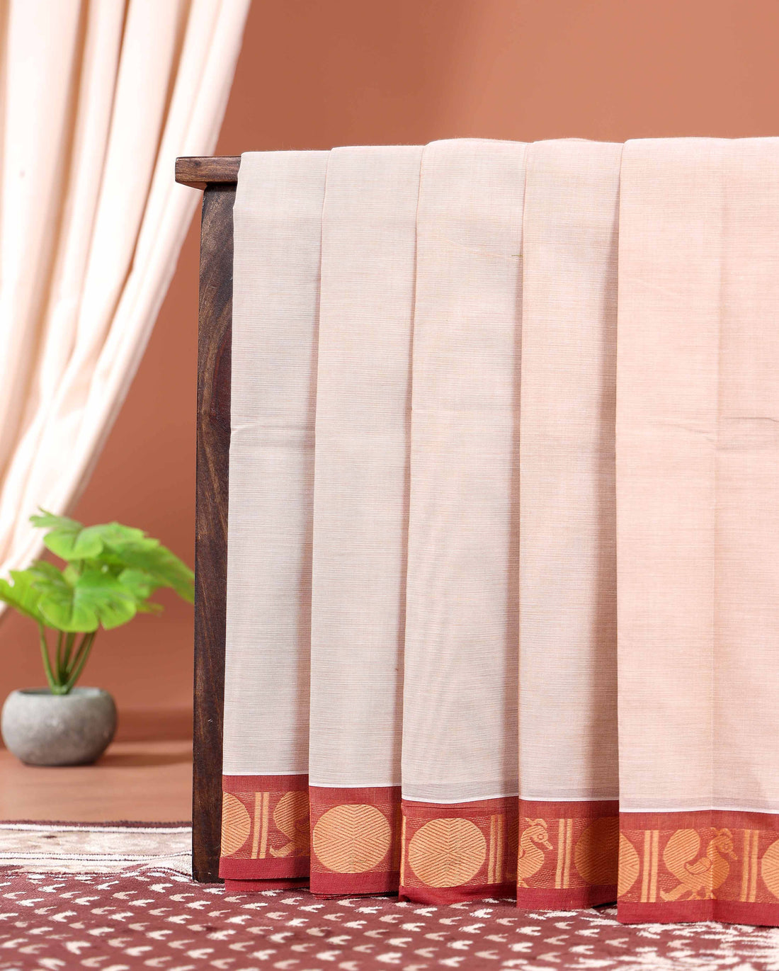 Traditional Handwoven Kanchi Cotton Saree with Rich Zari Border Traditional Peacock Motifs & Elegant Soft Weave Finish Without Blouse- Light Sandal