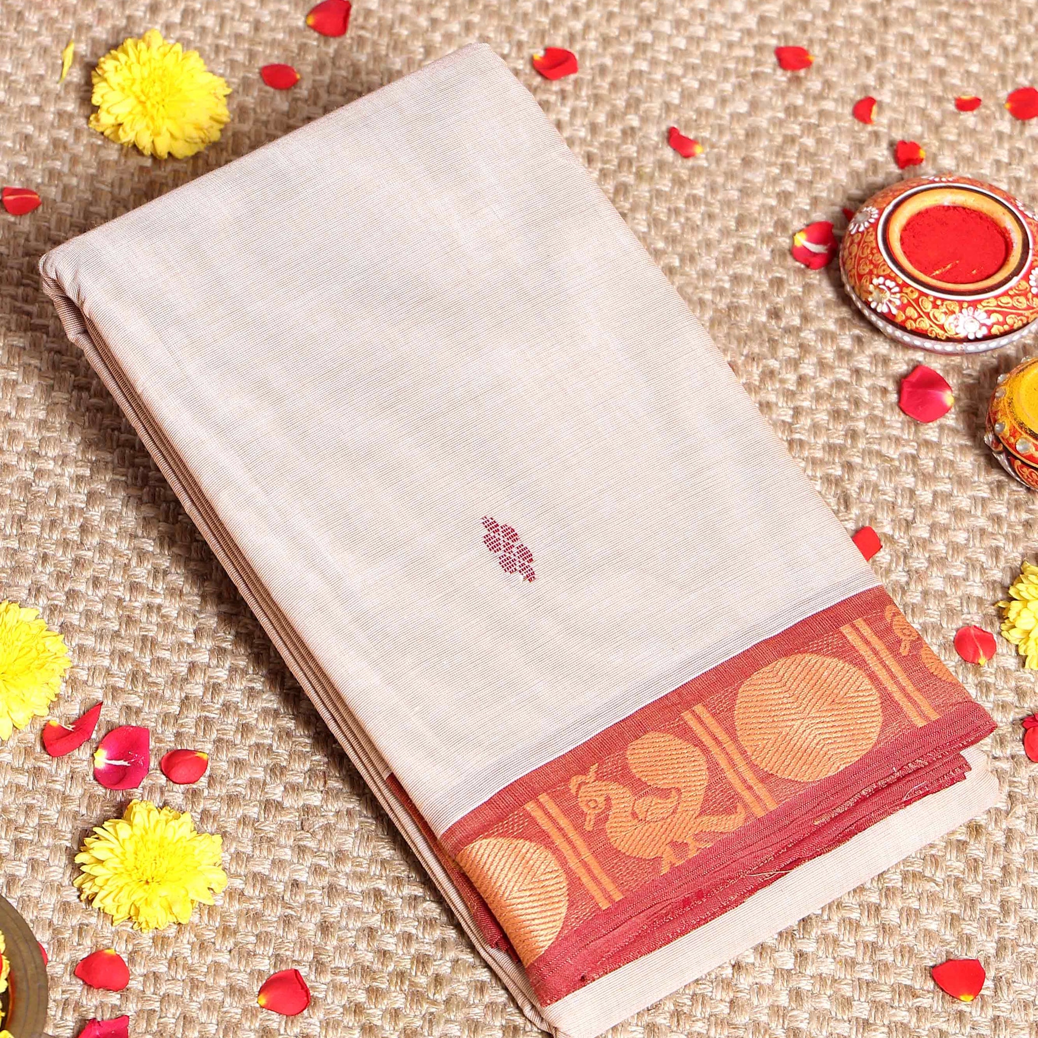 Traditional Handwoven Kanchi Cotton Saree with Rich Zari Border Traditional Peacock Motifs & Elegant Soft Weave Finish Without Blouse- Light Sandal