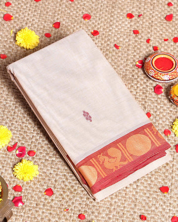 Traditional Handwoven Kanchi Cotton Saree with Rich Zari Border Traditional Peacock Motifs & Elegant Soft Weave Finish Without Blouse- Light Sandal