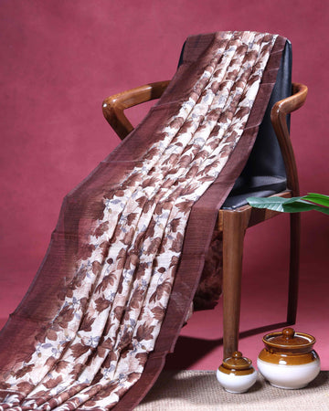 Elegant Semi Jute Saree with All Over Floral Leaf Print and Subtle Textured Traditional Border  - Off White