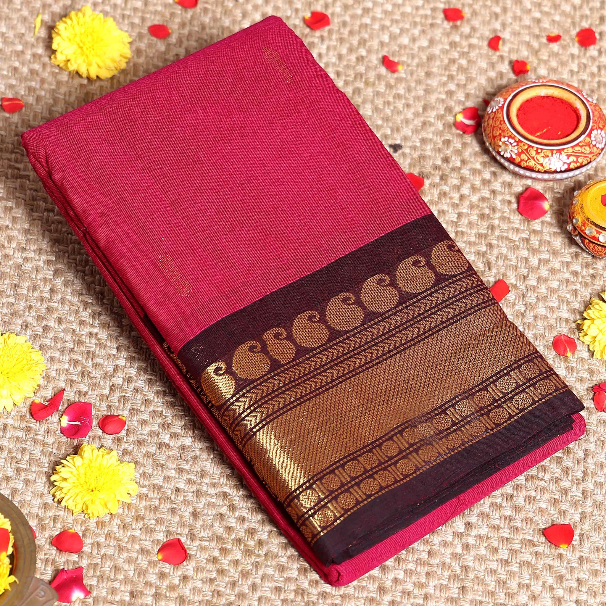Elegant Kanchi Cotton Saree with Grand Zari Border Traditional Paisley Motifs & Soft Texture Weave Without Blouse- Magenta