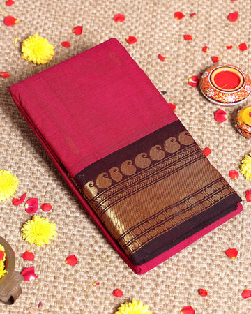 Elegant Kanchi Cotton Saree with Grand Zari Border Traditional Paisley Motifs & Soft Texture Weave Without Blouse- Magenta