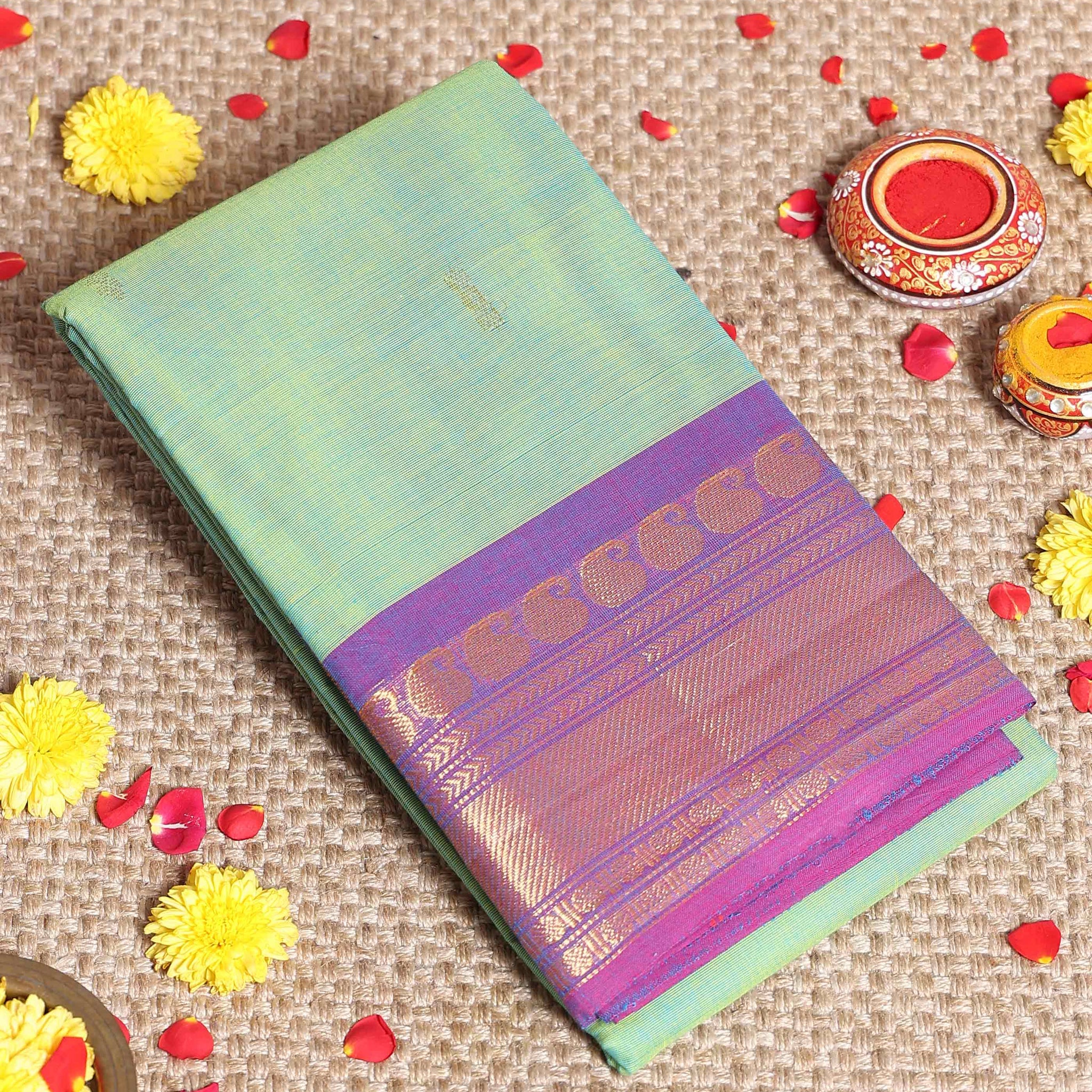 Elegant Kanchi Cotton Saree with Grand Zari Border Traditional Paisley Motifs & Soft Texture Weave Without Blouse- Green