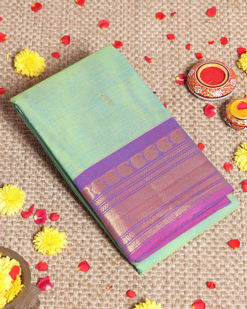 Elegant Kanchi Cotton Saree with Grand Zari Border Traditional Paisley Motifs & Soft Texture Weave Without Blouse- Green