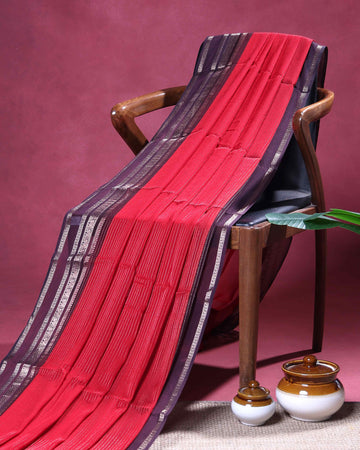 Elegant Dola Silk Saree with Silver Striped Body and a Rich Zari Border - Red