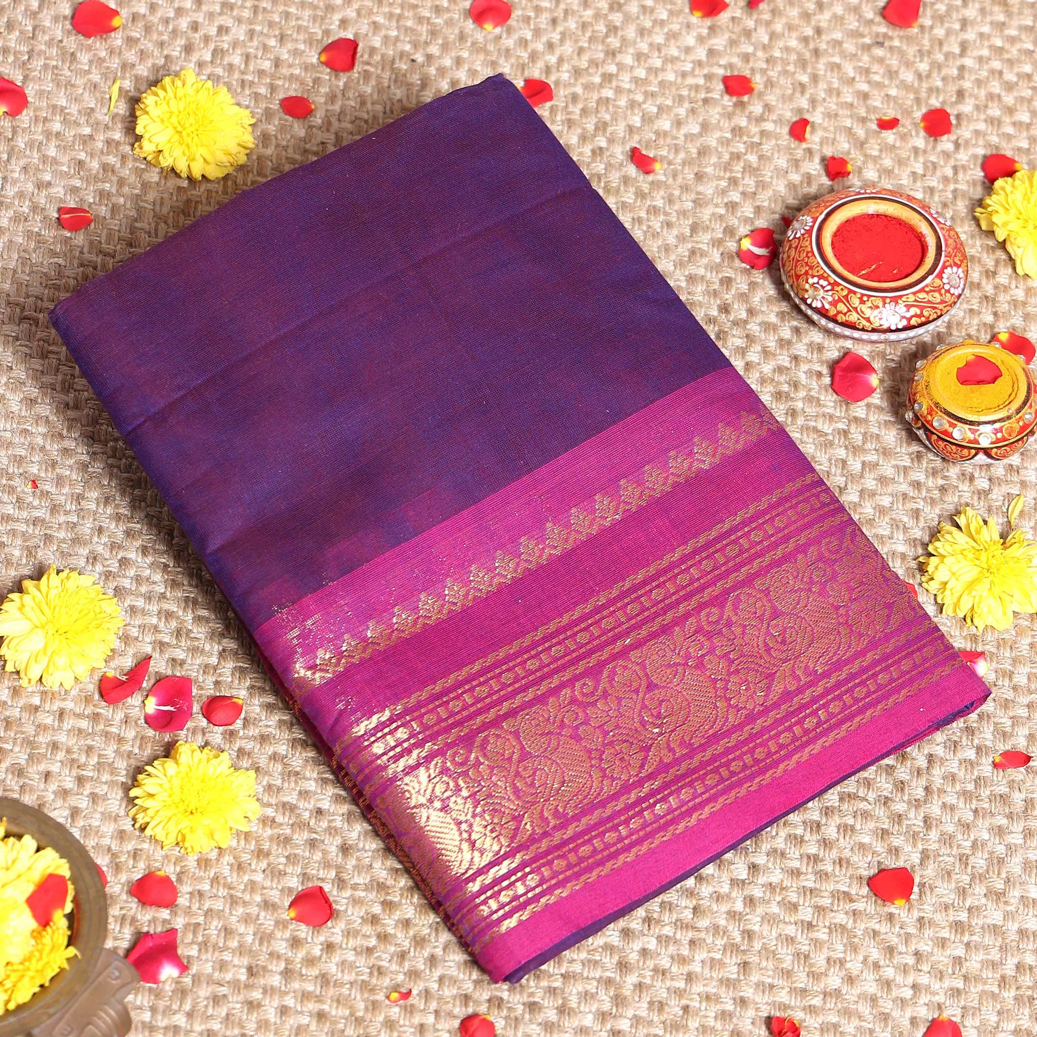 Elegant Premium Kanchi Cotton Saree with Traditional Floral Zari Border and Handwoven Soft Texture Body - Purple