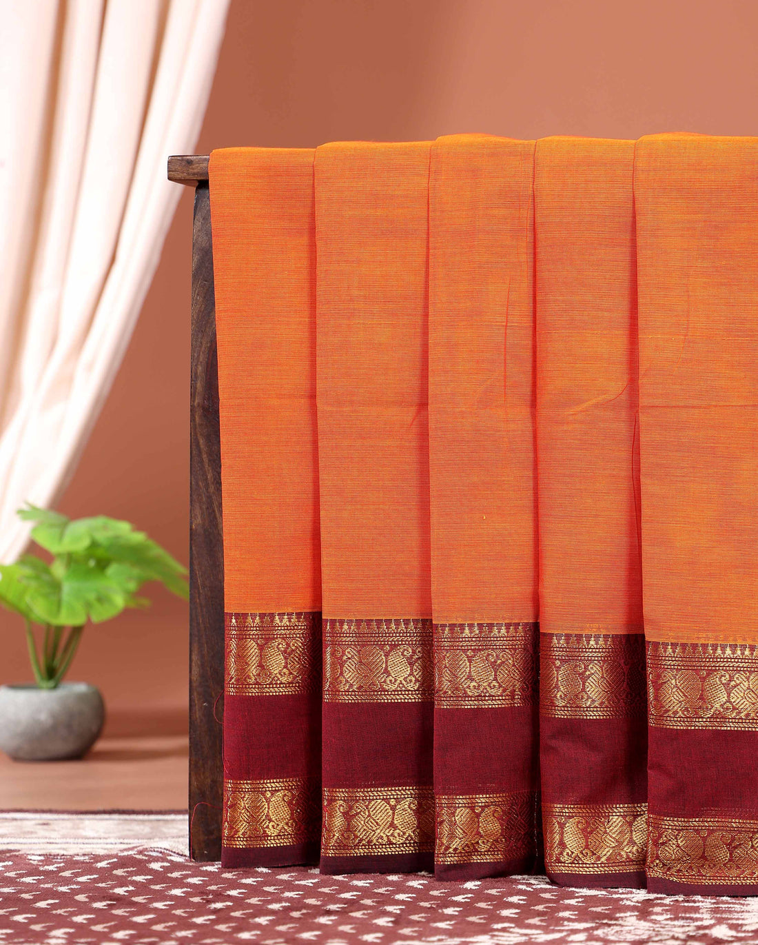 Traditional Kanchi Cotton Saree with Elegant Paisley Zari Border and Handwoven Fine Texture Finish - Orange