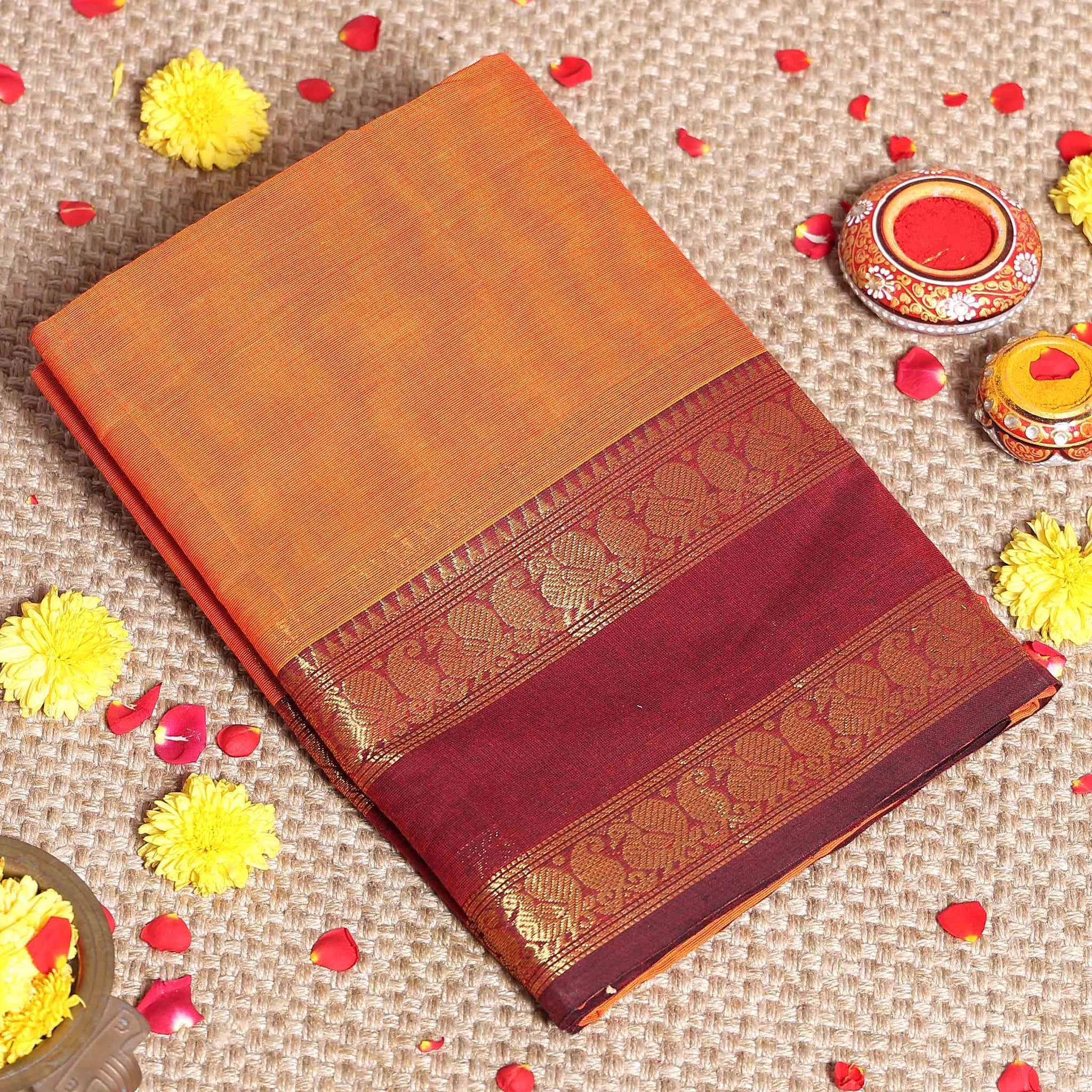 Traditional Kanchi Cotton Saree with Elegant Paisley Zari Border and Handwoven Fine Texture Finish - Orange