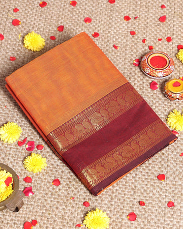 Traditional Kanchi Cotton Saree with Elegant Paisley Zari Border and Handwoven Fine Texture Finish - Orange