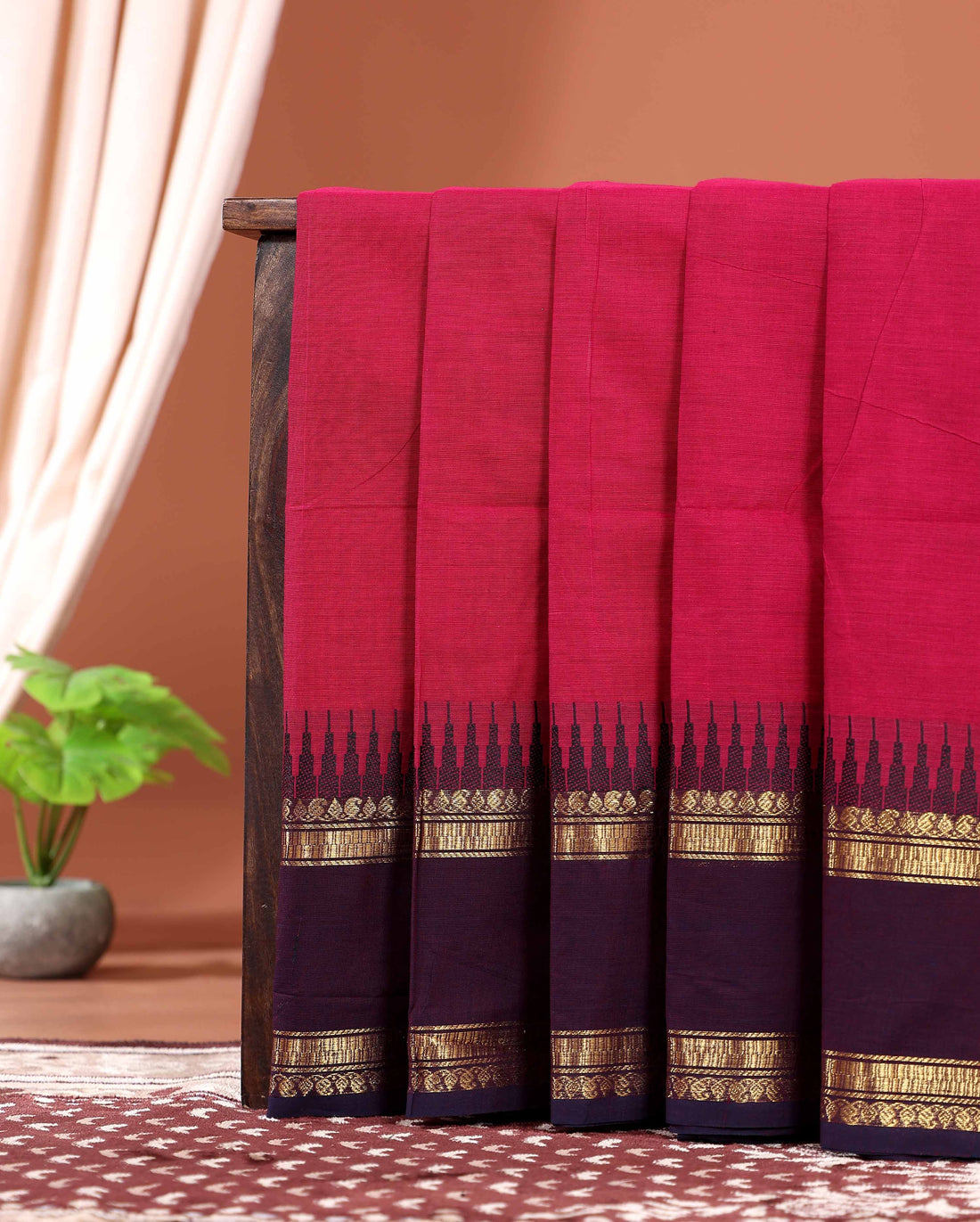 Elegant Authentic Kanchi Cotton Saree with Classic Temple Motif Zari Work and Rich Handloom Finish - Dark Pink