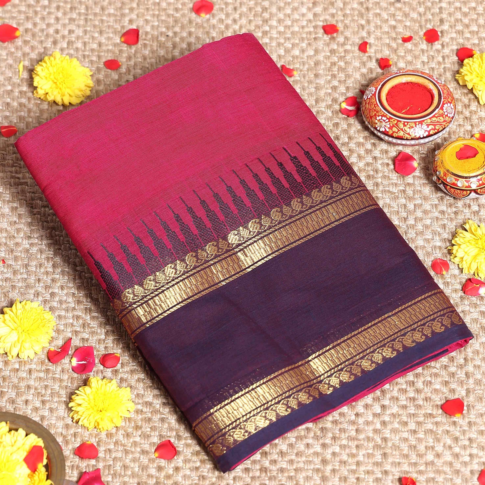 Elegant Authentic Kanchi Cotton Saree with Classic Temple Motif Zari Work and Rich Handloom Finish - Dark Pink