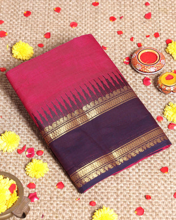 Elegant Authentic Kanchi Cotton Saree with Classic Temple Motif Zari Work and Rich Handloom Finish - Dark Pink