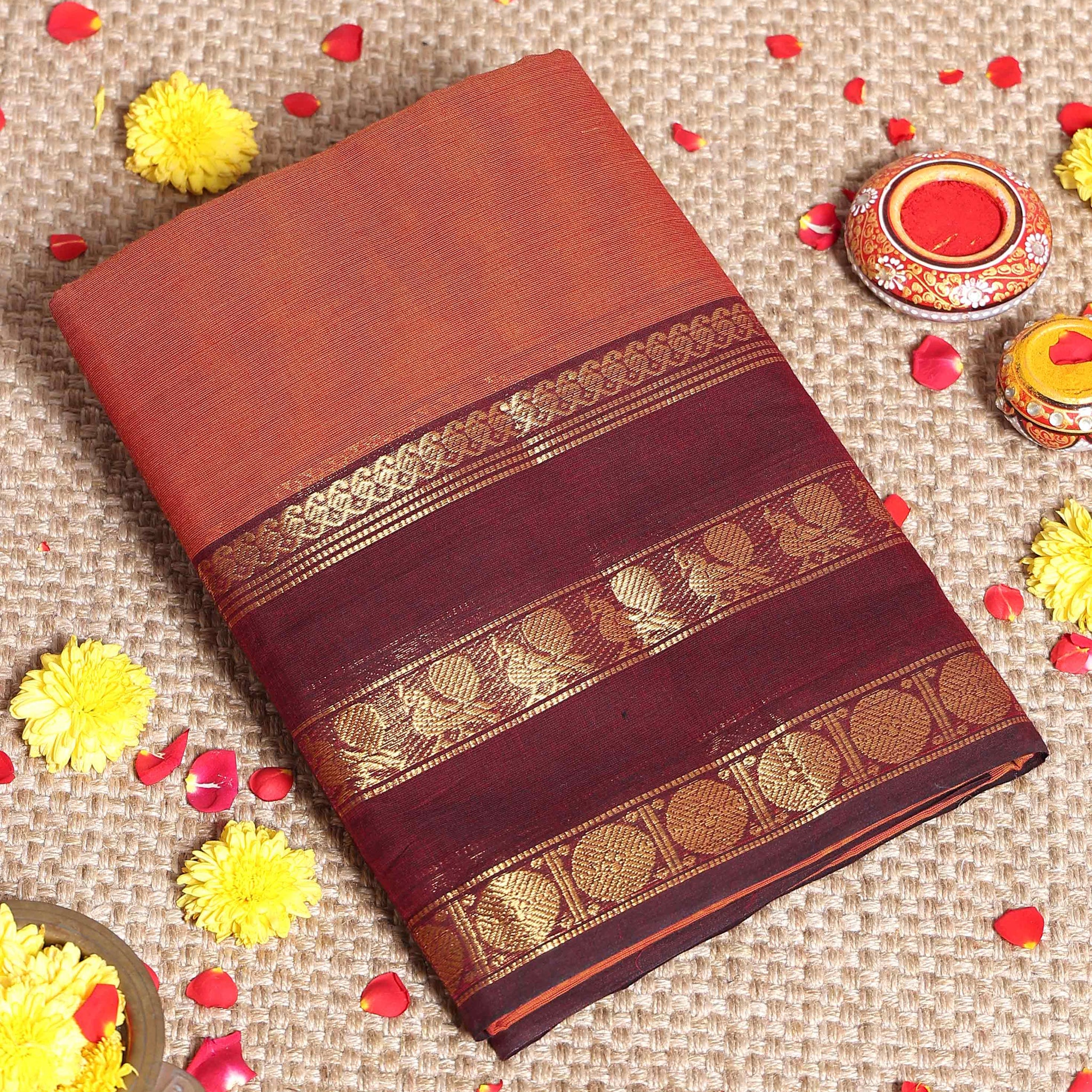 Elegant Kanchi Cotton Saree Adorned with Rich Traditional Zari Motifs and Elegant Handloom Finish - Dark Brown