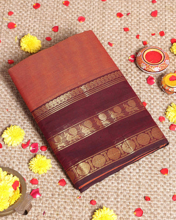Elegant Kanchi Cotton Saree Adorned with Rich Traditional Zari Motifs and Elegant Handloom Finish - Dark Brown