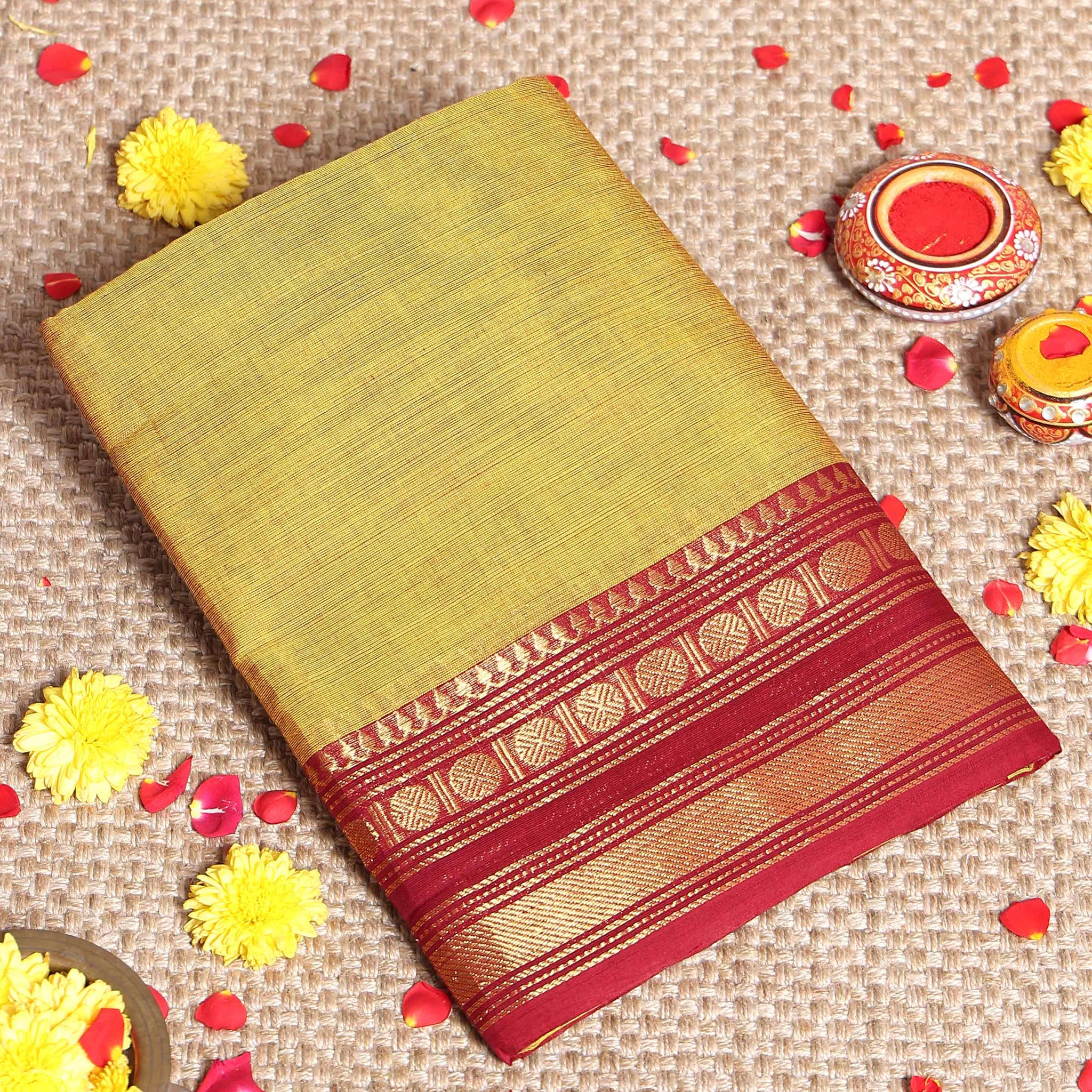 Elegant Kanchi Cotton Saree Traditional Zari Woven Borders and Fine Handloom Texture - Olive Green