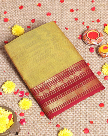 Elegant Kanchi Cotton Saree Traditional Zari Woven Borders and Fine Handloom Texture - Olive Green