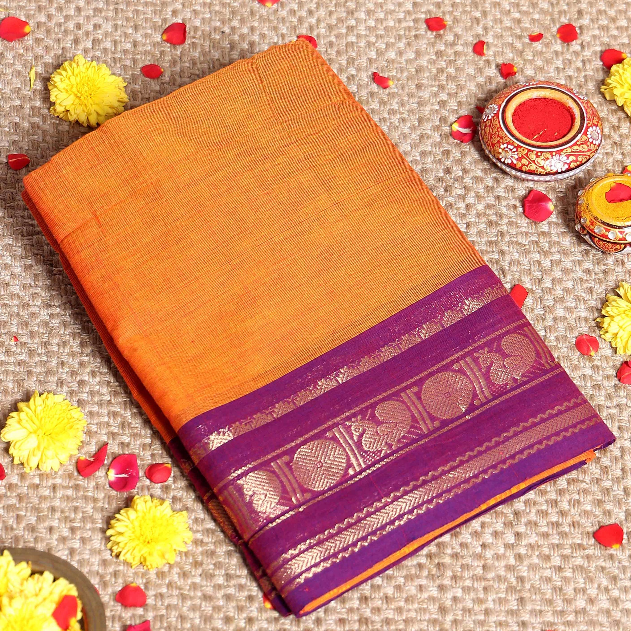 Elegant Handloom Kanchi Cotton Saree with Traditional Contrast Border and Motifs - Orange