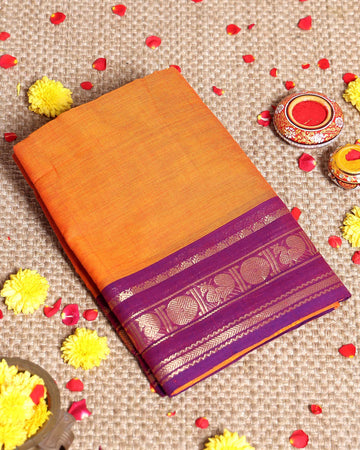 Elegant Handloom Kanchi Cotton Saree with Traditional Contrast Border and Motifs - Orange