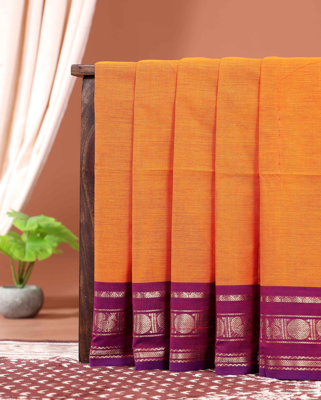 Elegant Handloom Kanchi Cotton Saree with Traditional Contrast Border and Motifs - Orange