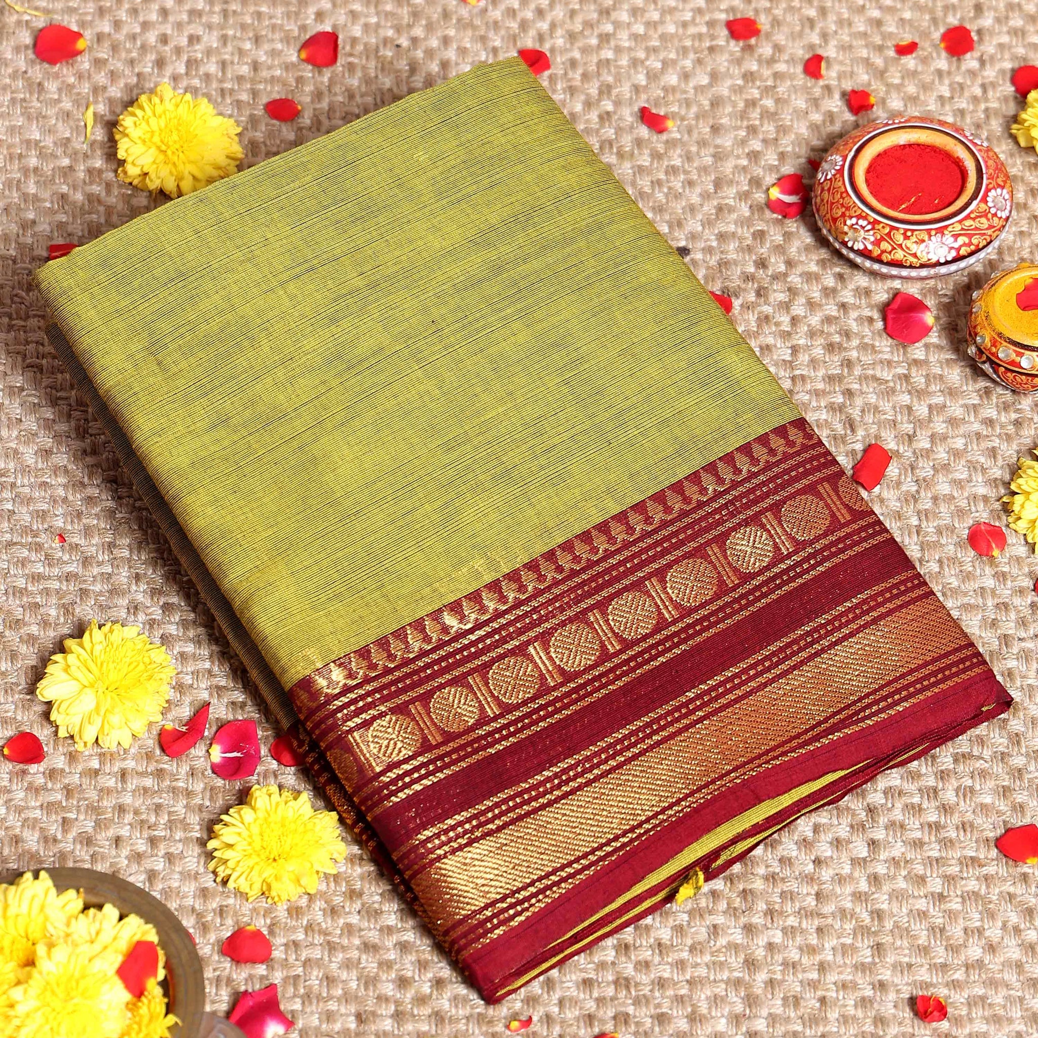 Handloom Kanchi Cotton Saree with Traditional Contrast Border and Zari Woven Motifs - Olive Green
