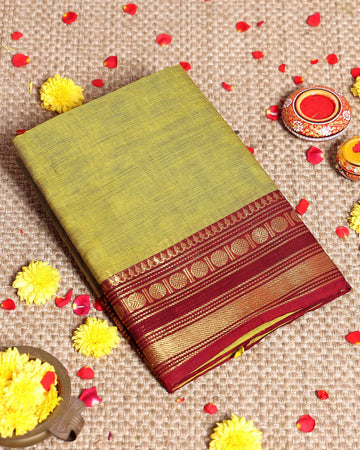 Handloom Kanchi Cotton Saree with Traditional Contrast Border and Zari Woven Motifs - Olive Green
