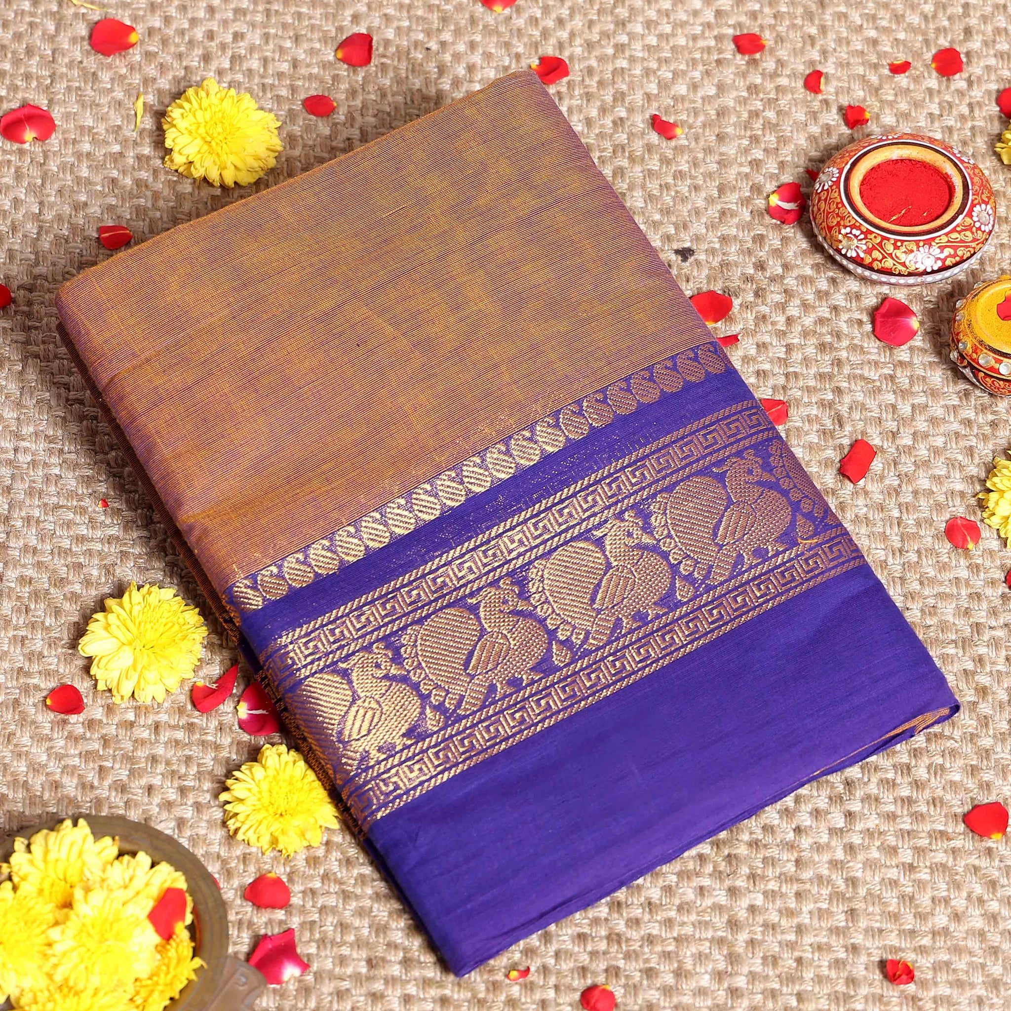 Traditional Handloom Kanchi Cotton Saree with Traditional Zari Border - Brown