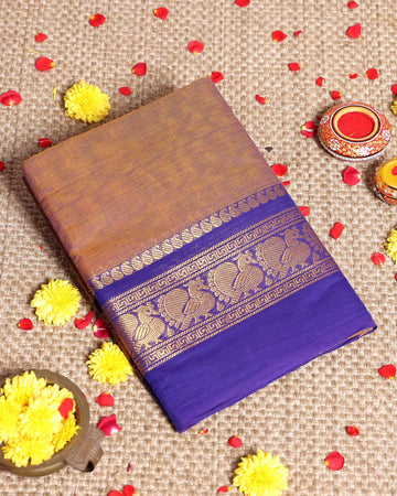 Traditional Handloom Kanchi Cotton Saree with Traditional Zari Border - Brown