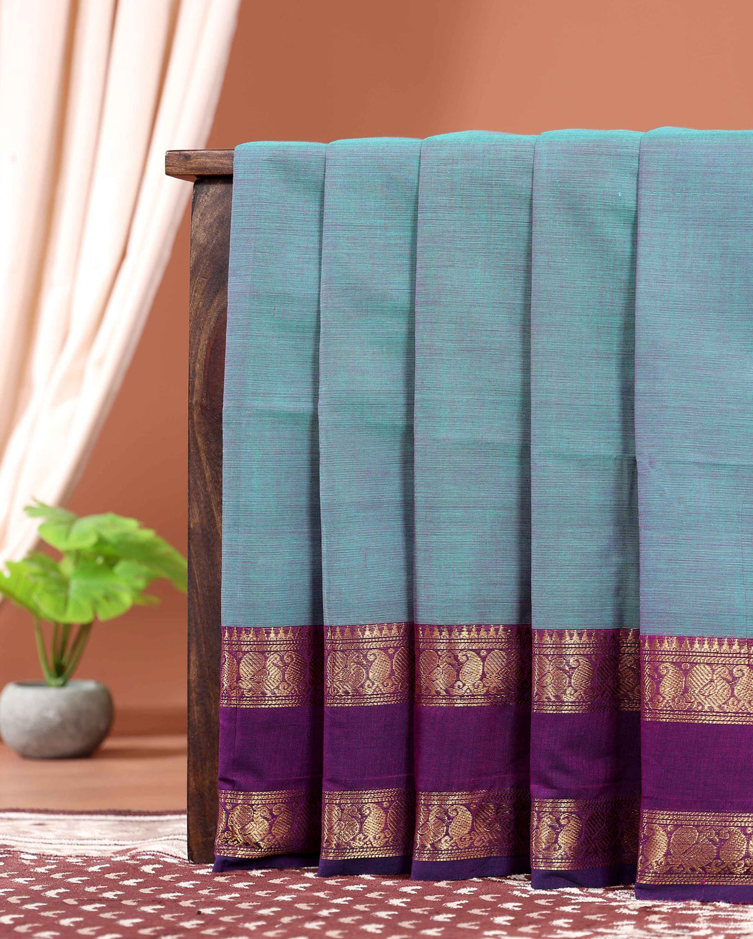 Traditional Pure Handloom Kanchi Cotton Saree with Intricate Temple Weave and Zari Motifs - Pastel Blue