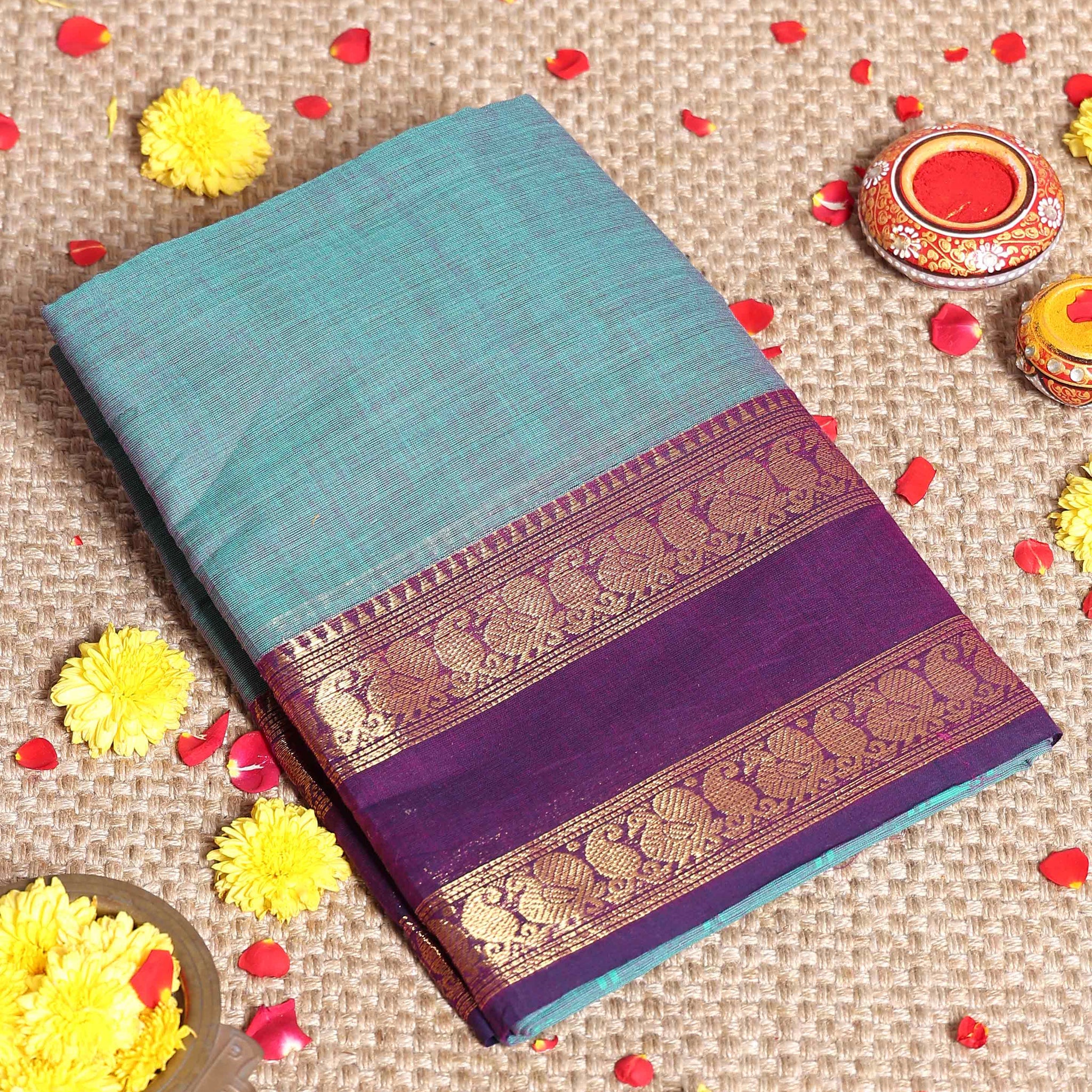 Traditional Pure Handloom Kanchi Cotton Saree with Intricate Temple Weave and Zari Motifs - Pastel Blue