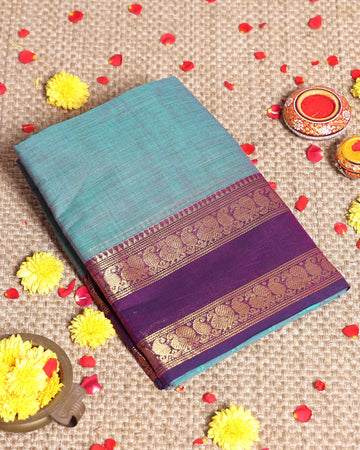 Traditional Pure Handloom Kanchi Cotton Saree with Intricate Temple Weave and Zari Motifs - Pastel Blue