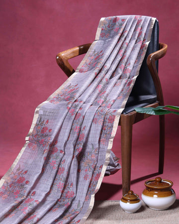 Elegant Floral Woven Linen Blend Saree with Subtle Sheen and Self Woven Contrast Border - Grey