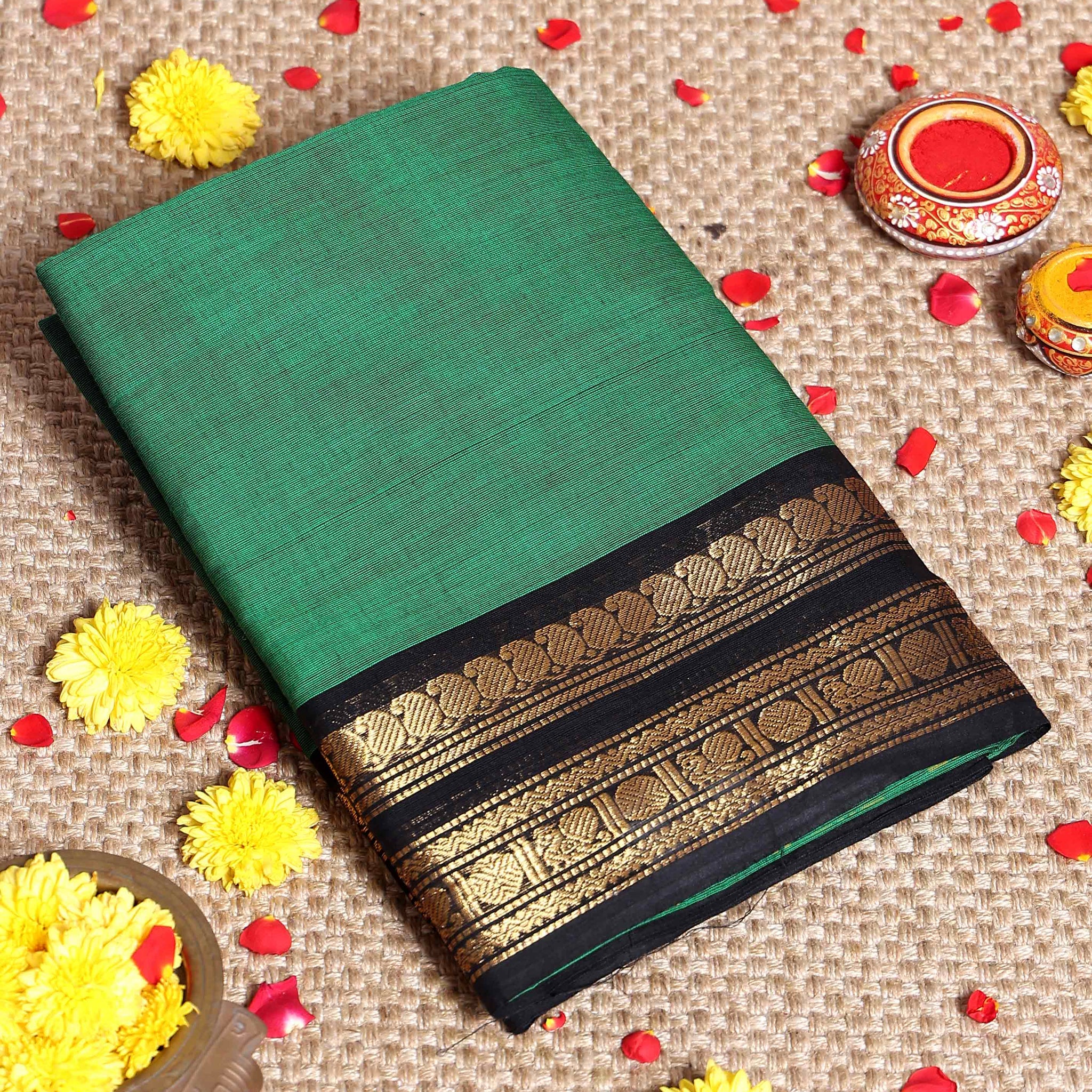 Traditional Pure Handwoven Kanchi Cotton with Striking Contrast Border and Traditional Motifs - Green