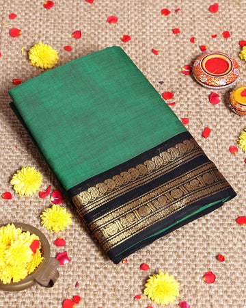 Traditional Pure Handwoven Kanchi Cotton with Striking Contrast Border and Traditional Motifs - Green