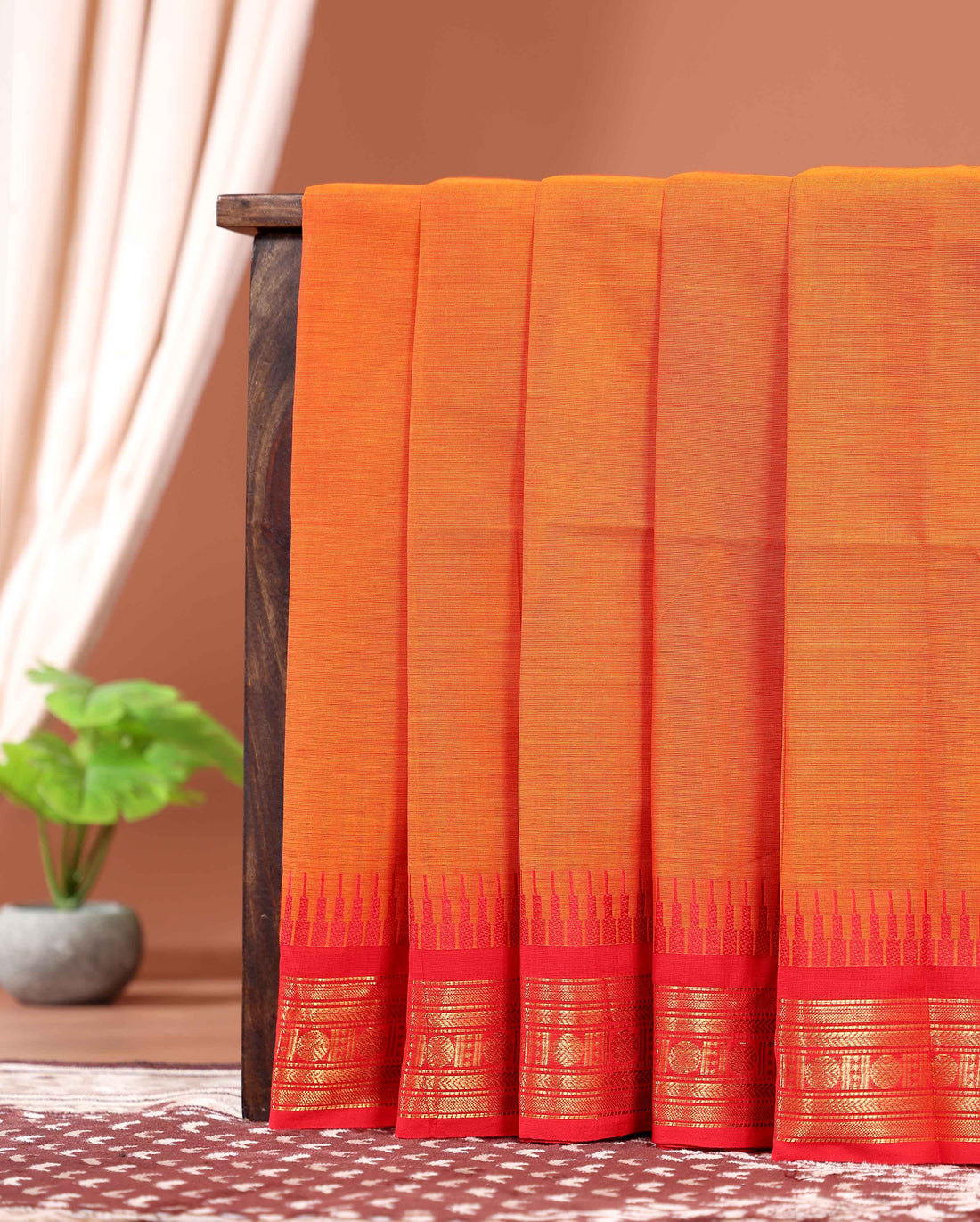 Traditional Handloom Kanchi Cotton Saree with Traditional Zari Motifs and Contrast Border - Orange