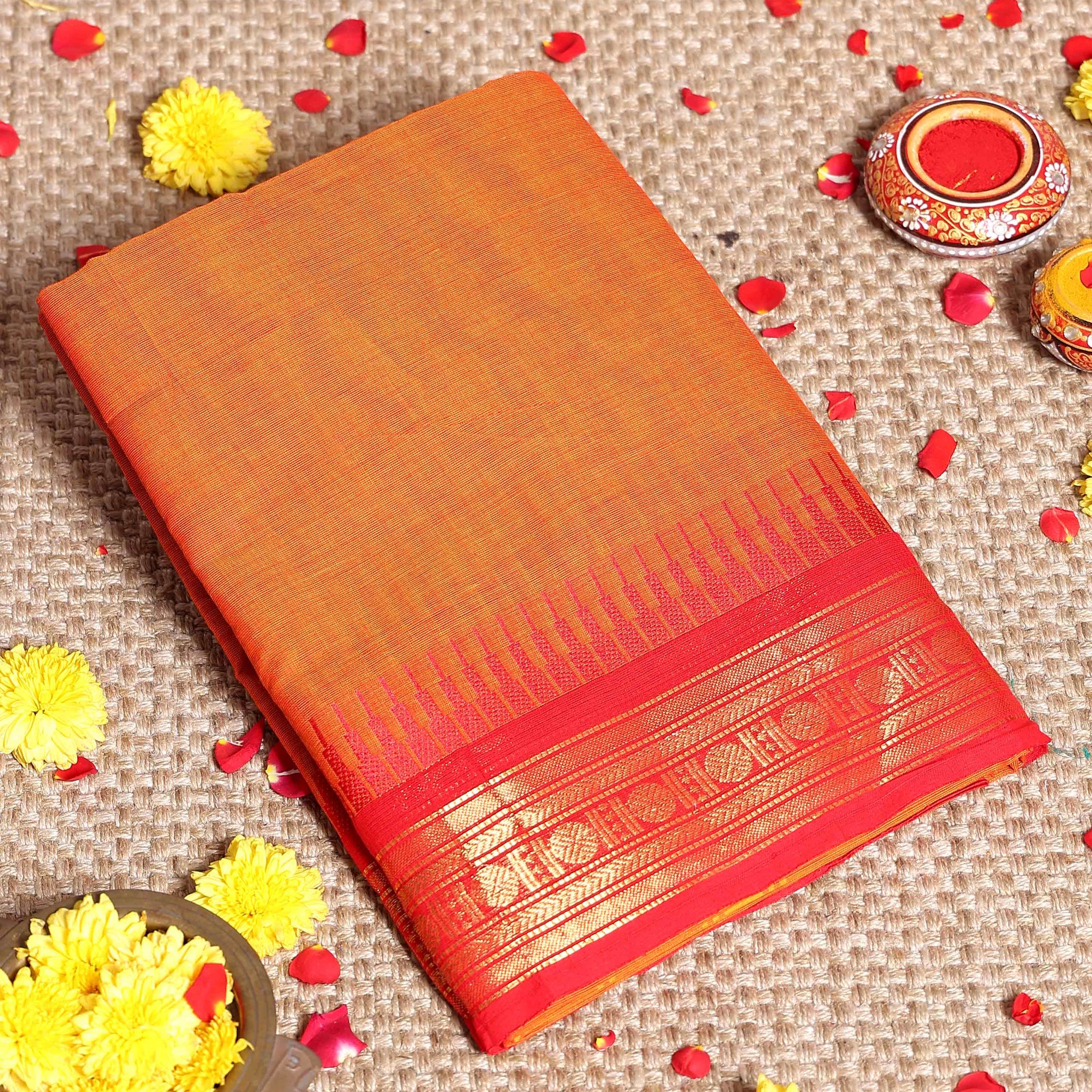 Traditional Handloom Kanchi Cotton Saree with Traditional Zari Motifs and Contrast Border - Orange