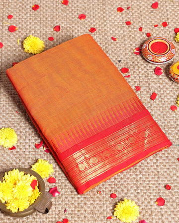 Traditional Handloom Kanchi Cotton Saree with Traditional Zari Motifs and Contrast Border - Orange