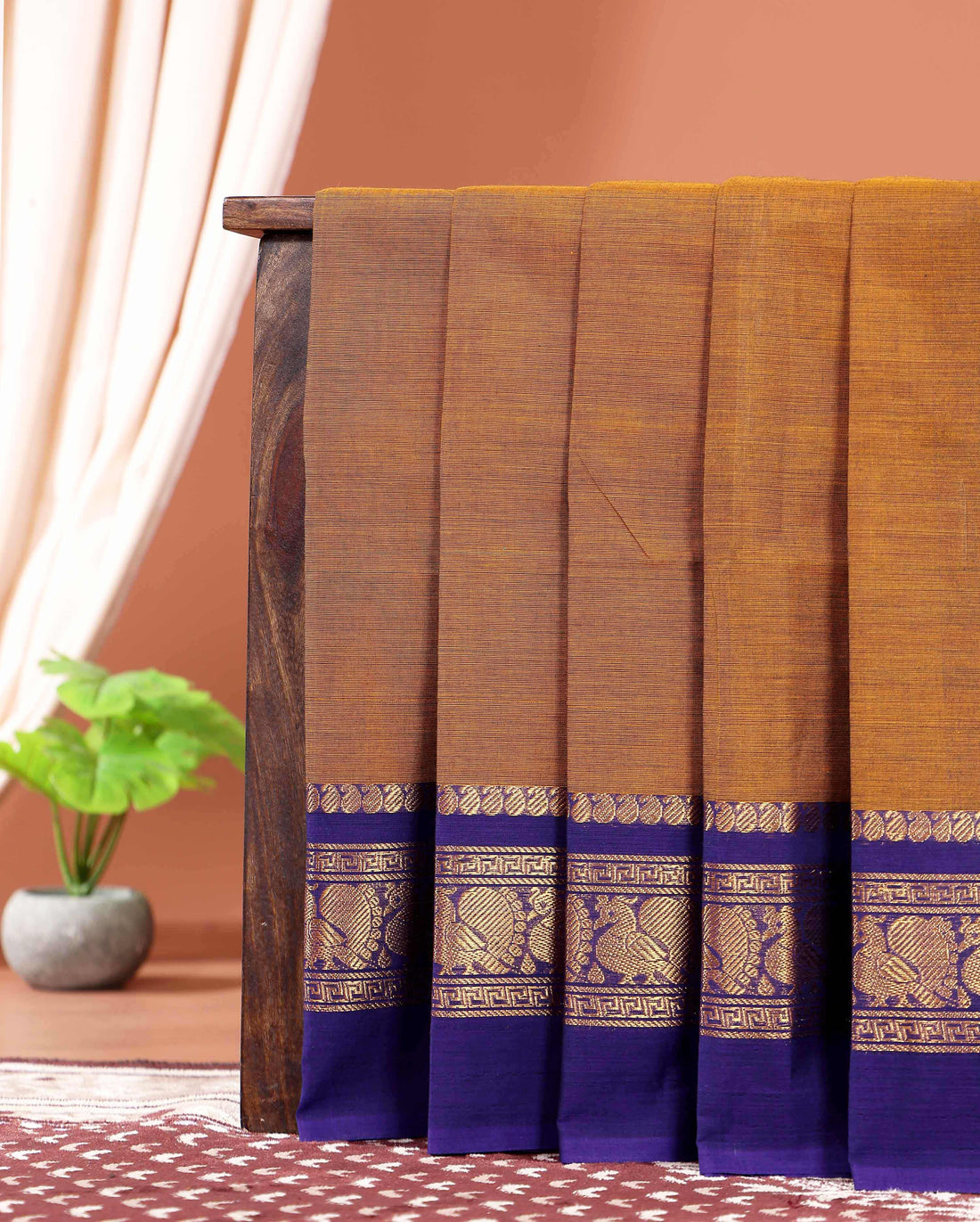 Traditional Kanchi Cotton Saree with Intricate Zari Peacock and Temple Border - Mustard Yellow