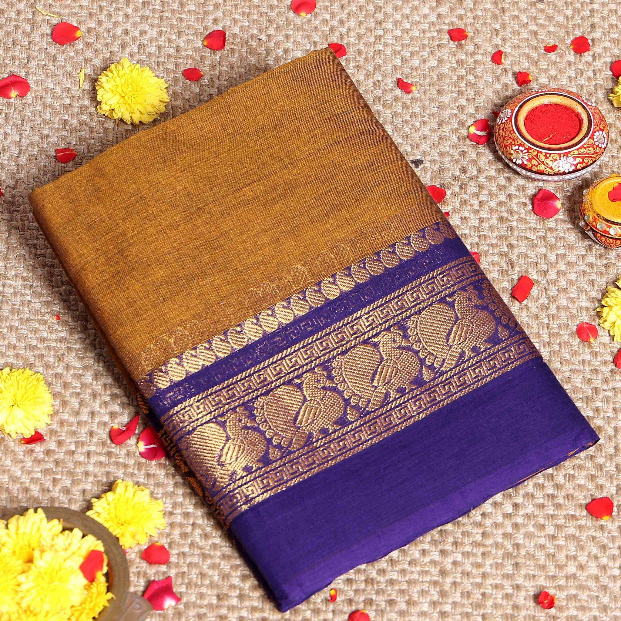 Traditional Kanchi Cotton Saree with Intricate Zari Peacock and Temple Border - Mustard Yellow