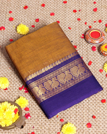 Traditional Kanchi Cotton Saree with Intricate Zari Peacock and Temple Border - Mustard Yellow