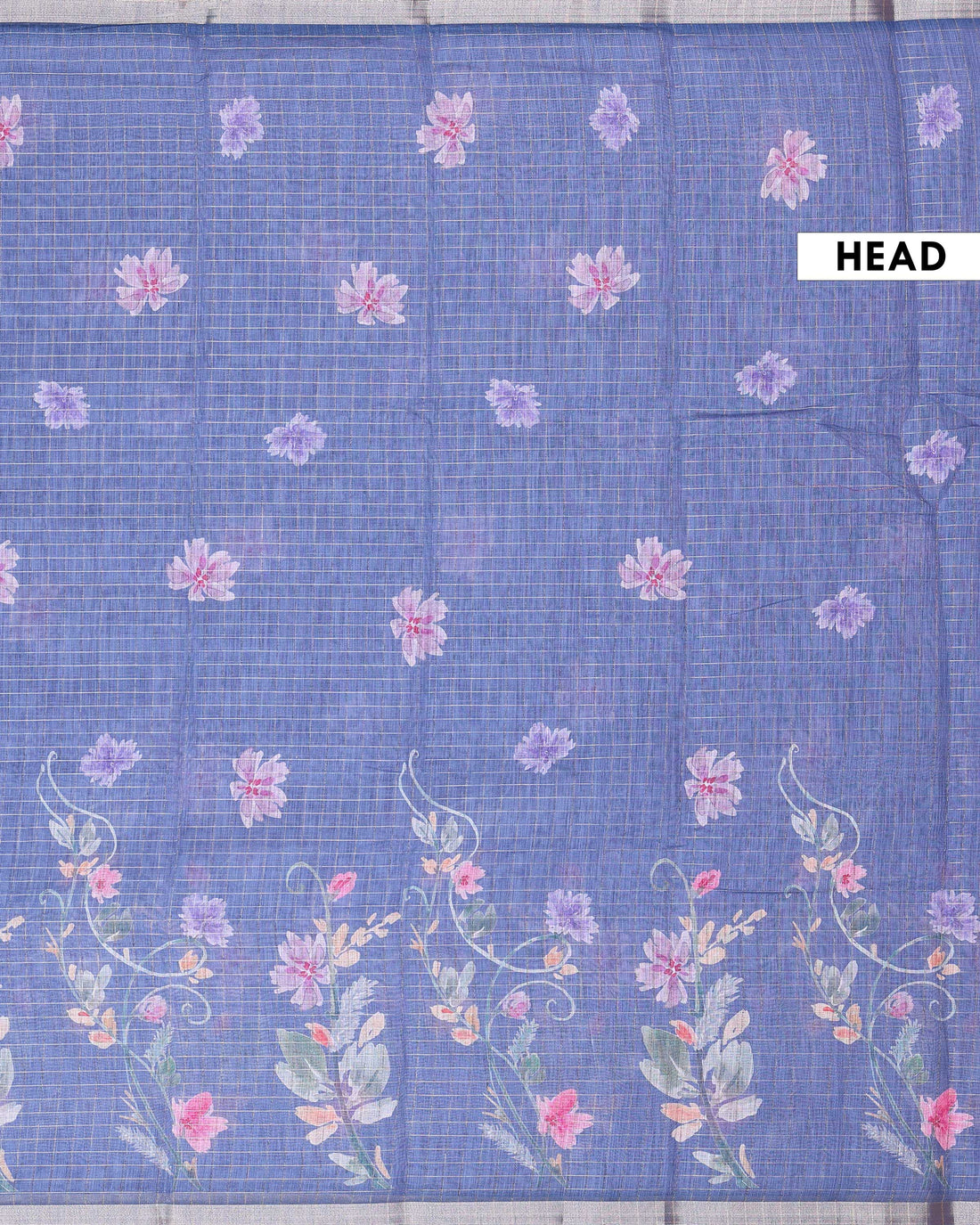 Elegant Linen Blend Saree with Delicate Floral Buta Print Artistic Vine Border Design and Textured Woven Finish - Blue