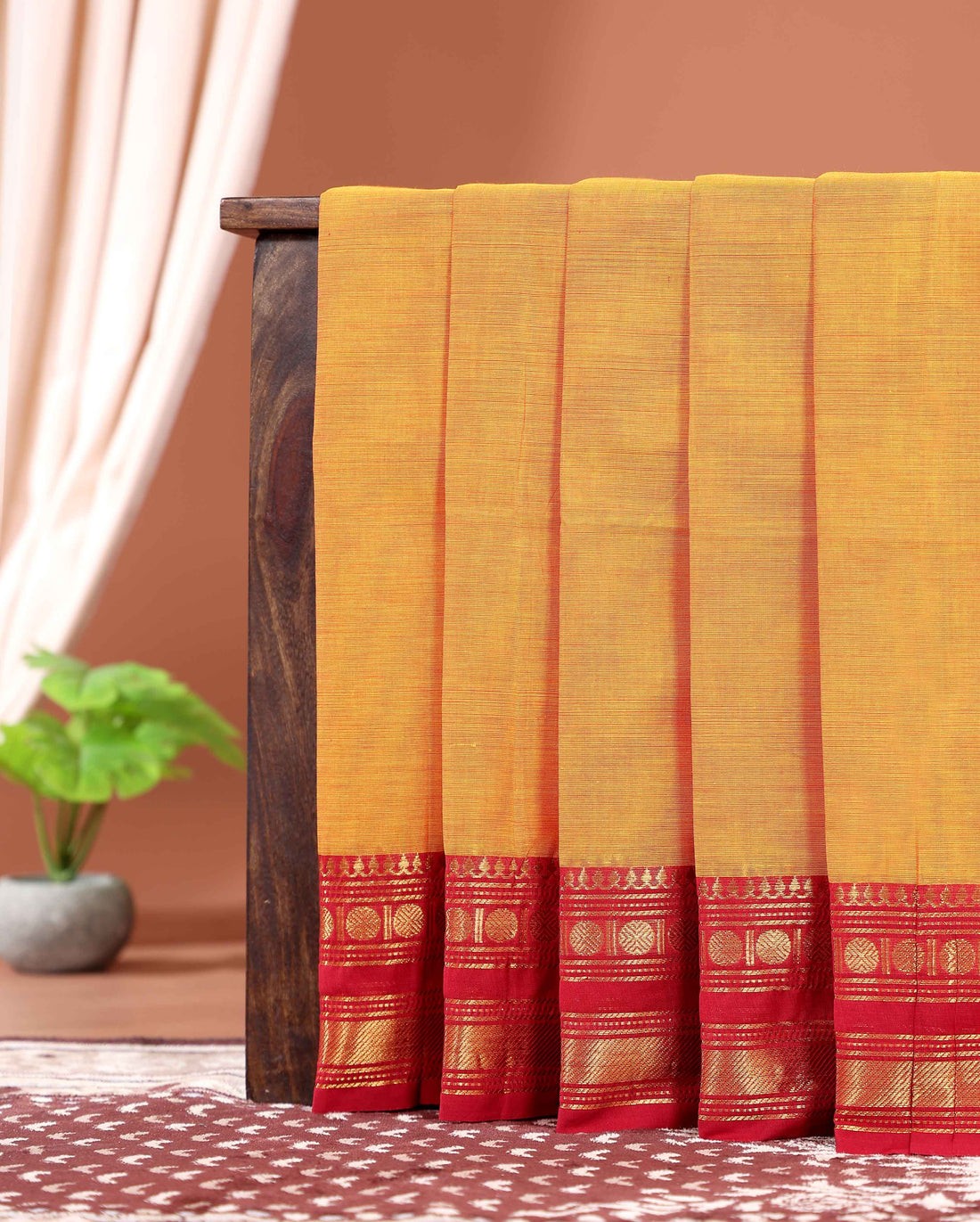 Handloom Kanchi Cotton Saree with Traditional Contrast Border and Zari Woven Motifs - Yellow