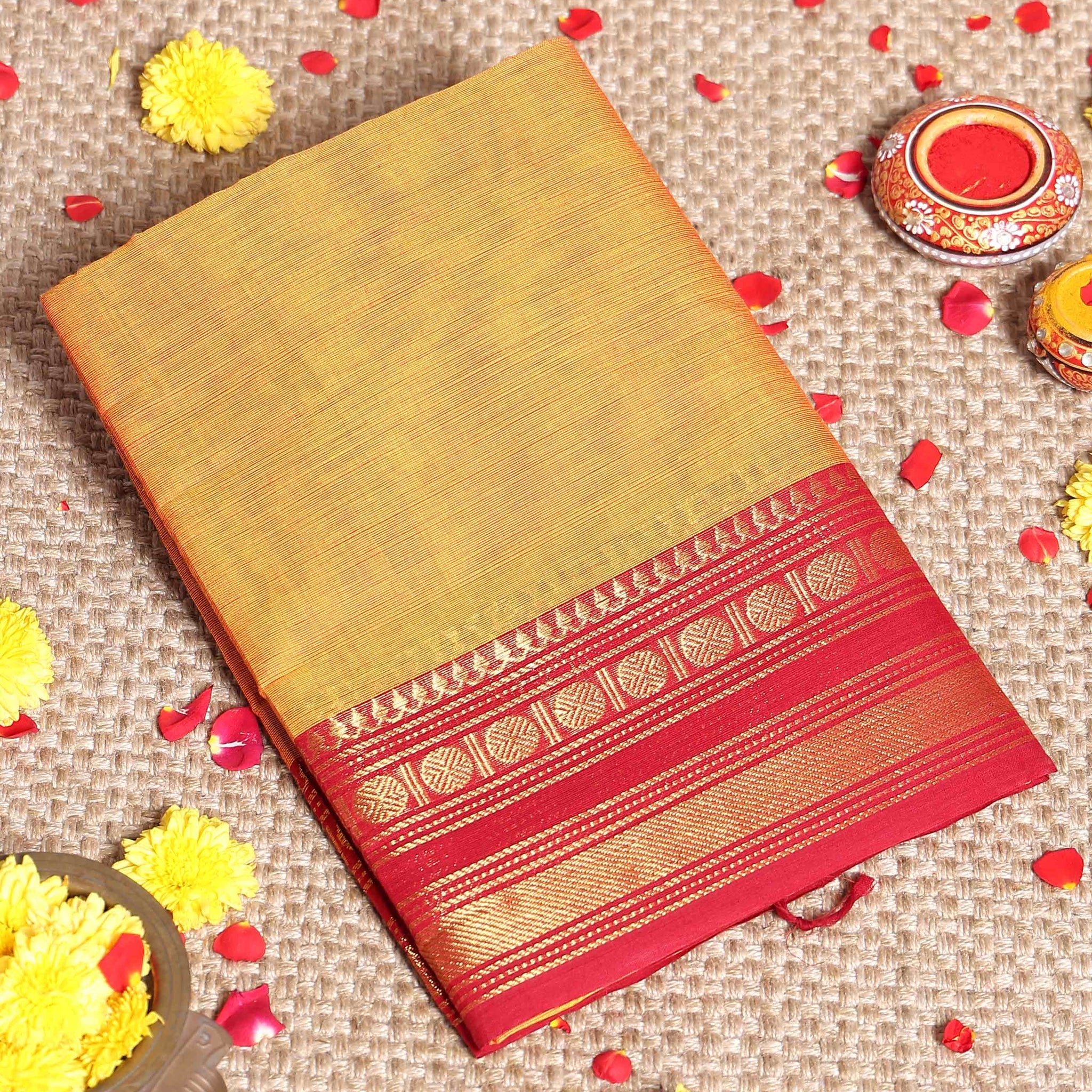 Handloom Kanchi Cotton Saree with Traditional Contrast Border and Zari Woven Motifs - Yellow