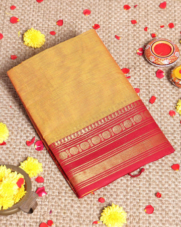 Handloom Kanchi Cotton Saree with Traditional Contrast Border and Zari Woven Motifs - Yellow